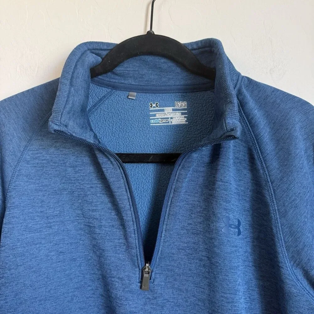 Under Armour Storm Mens LG 1/4 Zip Blue Fleece Pullover Sweater Cold Gear Golf